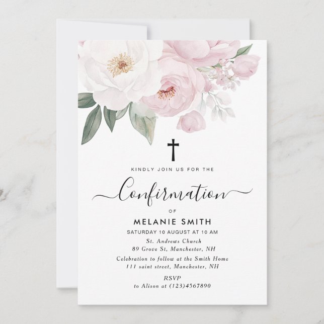 Invitación confirmación floral color agua rosa y blanco (Anverso)