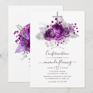 Invitación Confirmación floral de acuarela de ciruela y plata