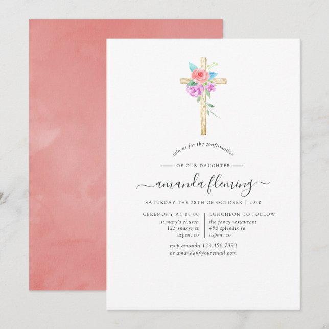 Invitación Confirmación floral de acuarela pastel (Anverso / Reverso)