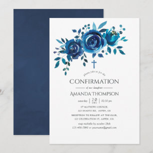 Invitación Confirmación floral de azul marino y blanco