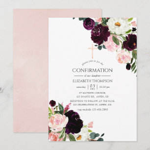 Invitación Confirmación floral de ciruela borgoña y rosa rubo