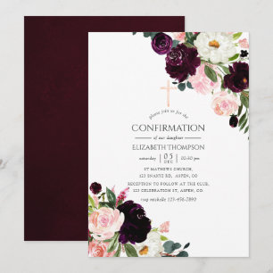 Invitación Confirmación floral de ciruela borgoña y rosa rubo