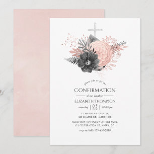 Invitación Confirmación floral de color rosa pastel y carbón