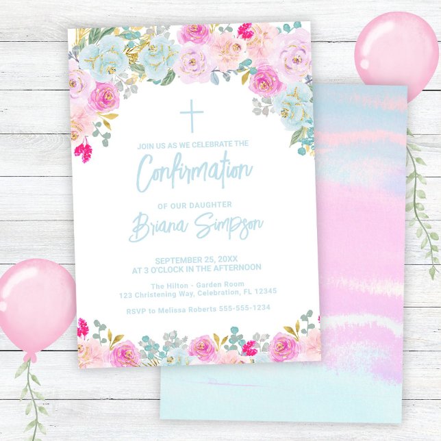 Invitación Confirmación floral de flores azules rosadas meloc (Subido por el creador)