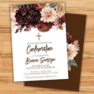 Invitación Confirmación floral de flores de color beige marró