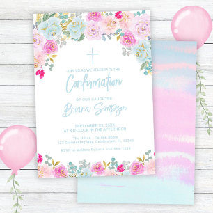 Invitación Confirmación Floral de Flores Púrpura Azul Rosa