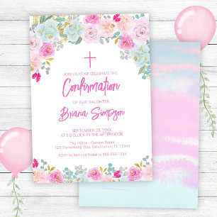 Invitación Confirmación floral de flores rosadas azules meloc