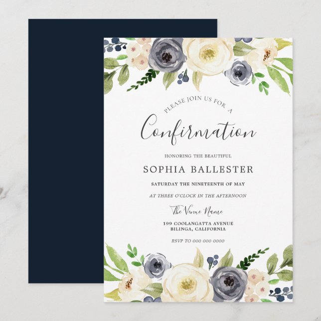 Invitación Confirmación floral de la marina y el champán blan (Anverso / Reverso)