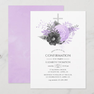 Invitación Confirmación floral de lila y carbón