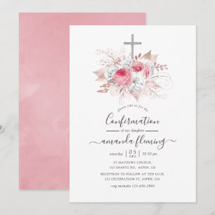 Invitación Confirmación floral de oro rosa y rosa