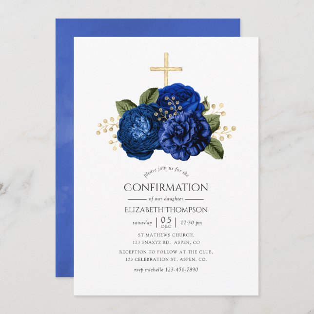 Invitación Confirmación floral de oro y azul real (Anverso / Reverso)
