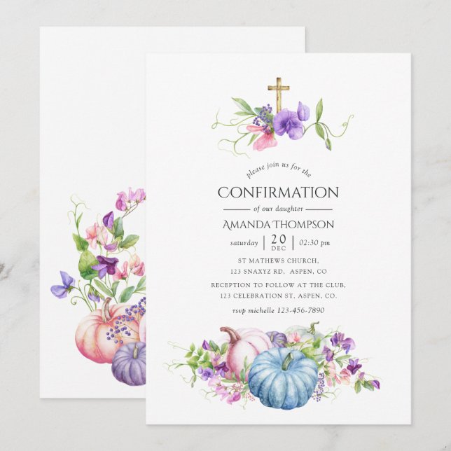 Invitación Confirmación floral de otoño - caída (Anverso / Reverso)