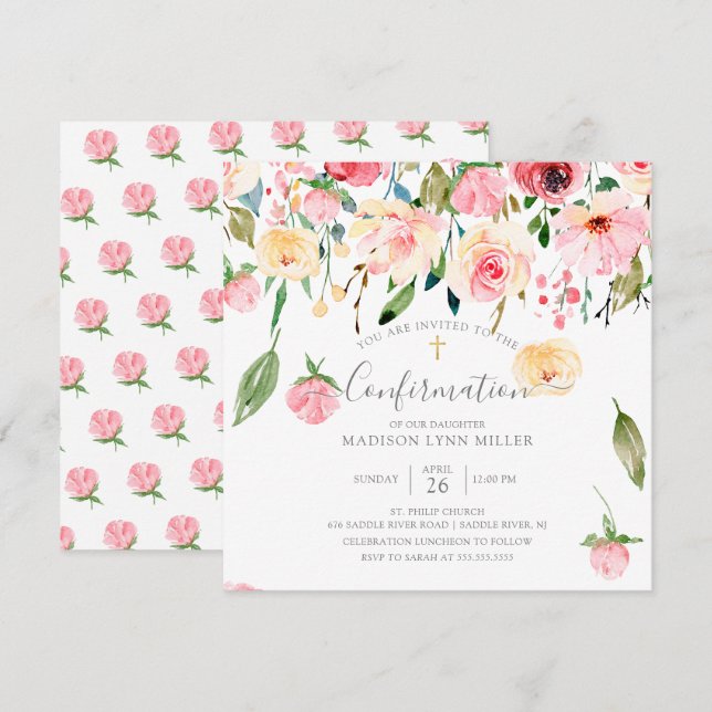 Invitación Confirmación floral de personas amarillas rosadas  (Anverso / Reverso)