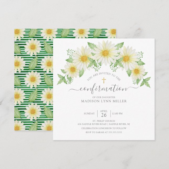 Invitación Confirmación floral de Rosa de margarita fresca (Anverso / Reverso)