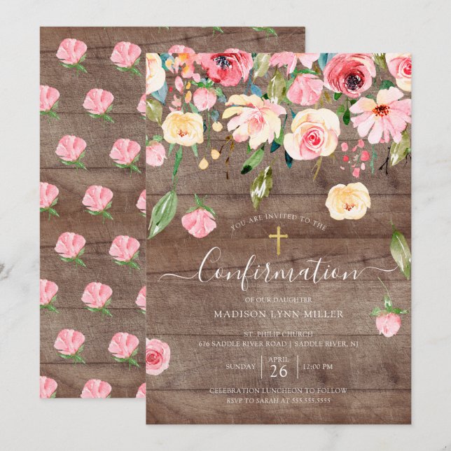 Invitación Confirmación floral de ruidosos peones rosados Ros (Anverso / Reverso)