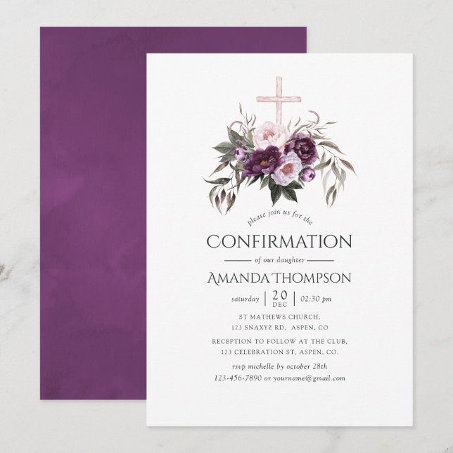 Invitación Confirmación floral de terciopelo profundo (Anverso / Reverso)