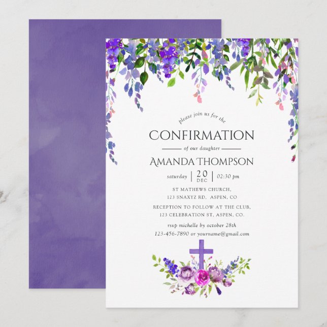 Invitación Confirmación floral de Violeta Ultra (Anverso / Reverso)