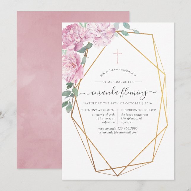 Invitación Confirmación floral geométrica rosa rubor (Anverso / Reverso)