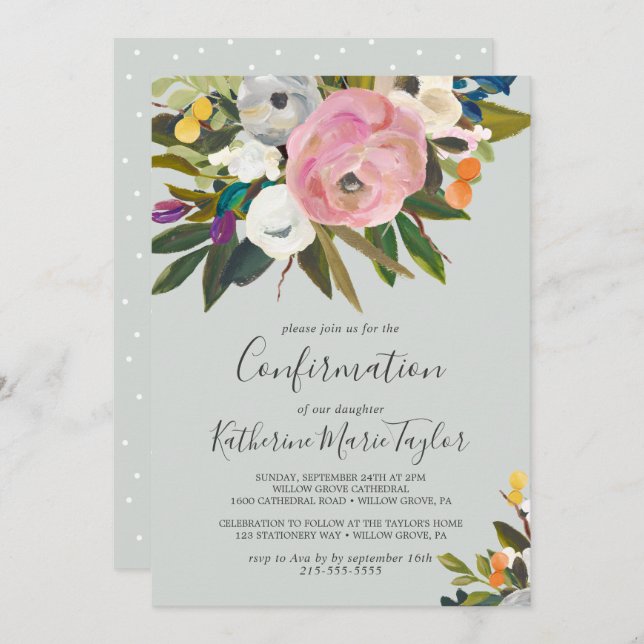 Invitación Confirmación floral pintada (Anverso / Reverso)