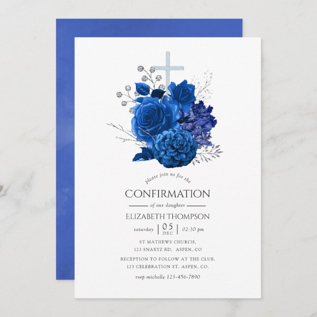 Invitación Confirmación floral real azul y plata (Anverso / Reverso)