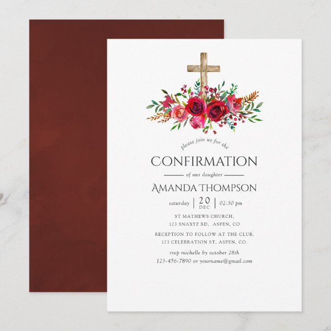 Invitación Confirmación floral roja de Borgoña (Anverso / Reverso)