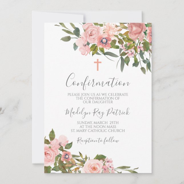 Invitación Confirmación floral rosa (Anverso)