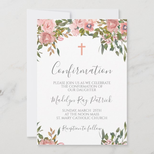 Invitación Confirmación floral rosa (Anverso)