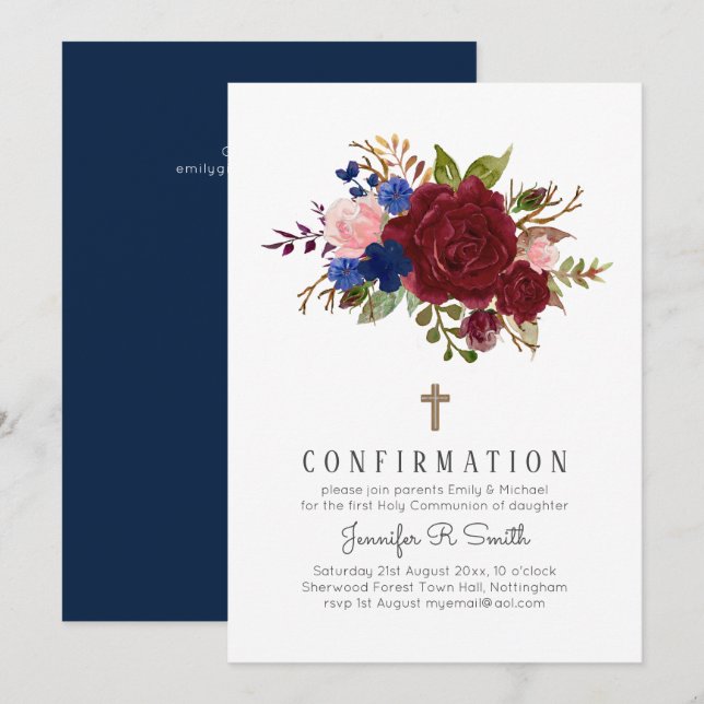 Invitación CONFIRMACIÓN Floral Rosa Azul Borgoña Encantada (Anverso / Reverso)