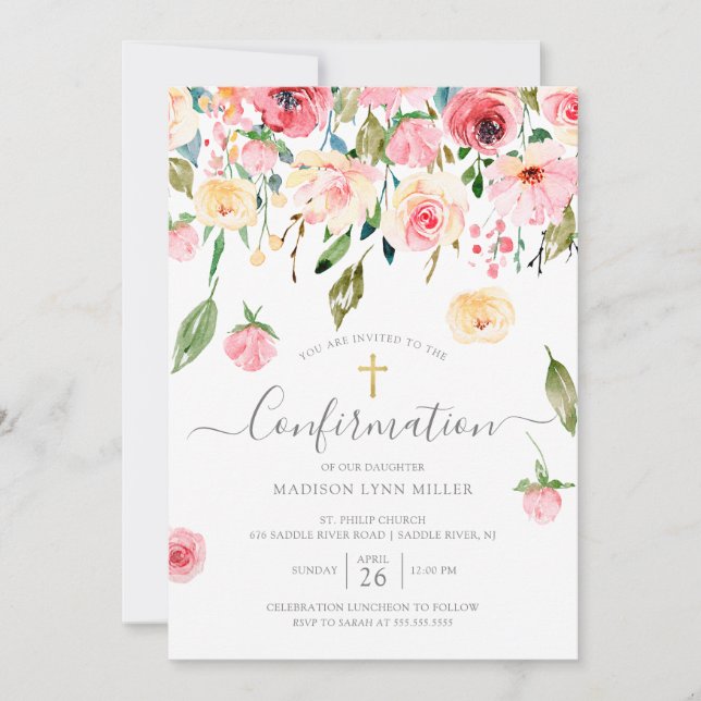 Invitación Confirmación floral Rosa de Peonies (Anverso)