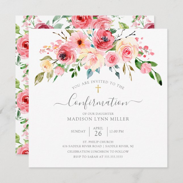 Invitación Confirmación floral Rosa de Springtime Peonies (Anverso / Reverso)