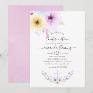 Invitación Confirmación floral rosa pastel y azul