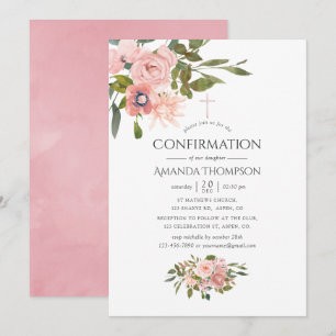 Invitación Confirmación floral rosa rubor y oro rosa
