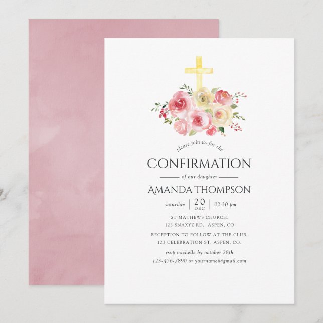 Invitación Confirmación floral rosa y amarilla de Rubor (Anverso / Reverso)