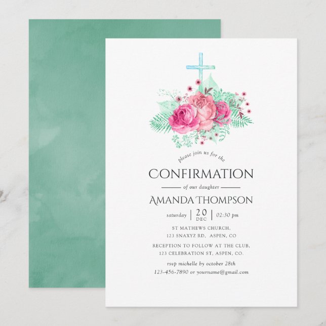 Invitación Confirmación floral rosa y menta (Anverso / Reverso)