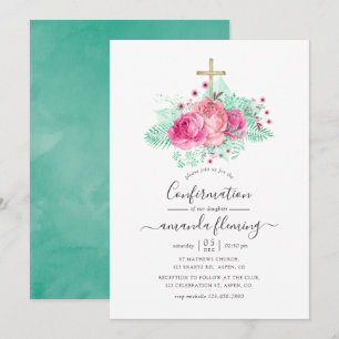 Invitación Confirmación floral rosa y menta