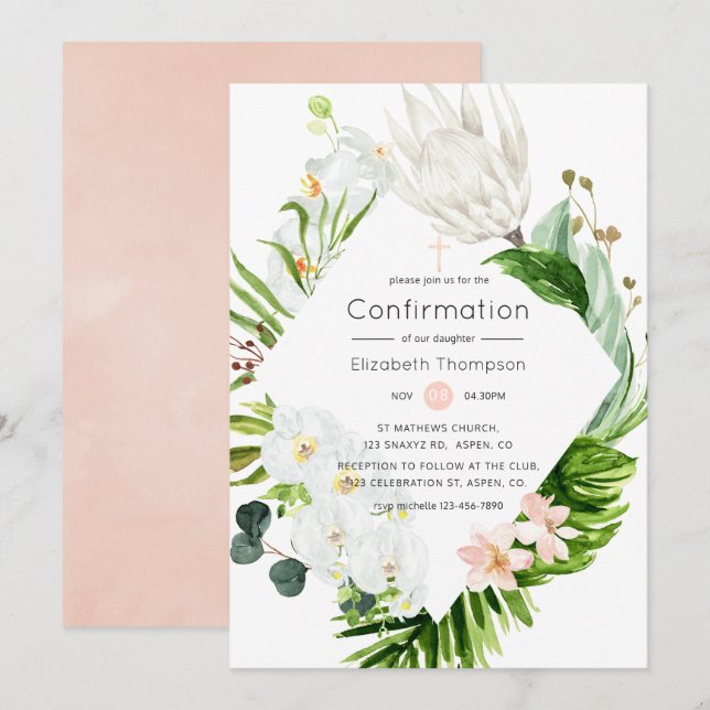 Invitación Confirmación floral tropical del paraíso exuberant (Anverso / Reverso)