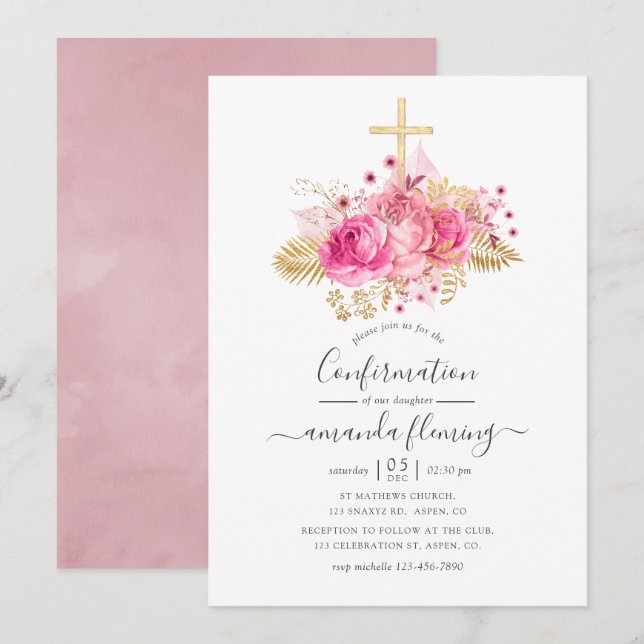Invitación Confirmación floral tropical rosa y dorada (Anverso / Reverso)