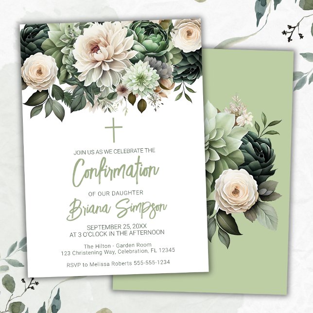 Invitación Confirmación floral verde salvia (Subido por el creador)
