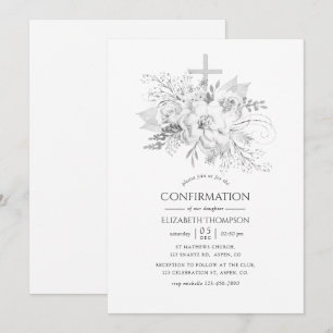 Invitación Confirmación floral vintage blanca y plateada