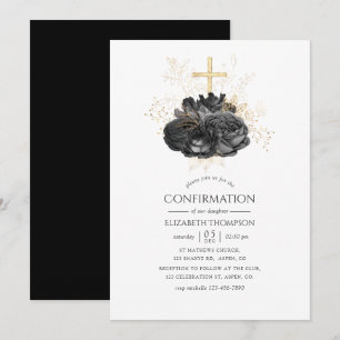 Invitación Confirmación floral vintage en negro y dorado