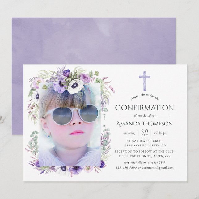 Invitación Confirmación floral violeta polvorienta (Anverso / Reverso)