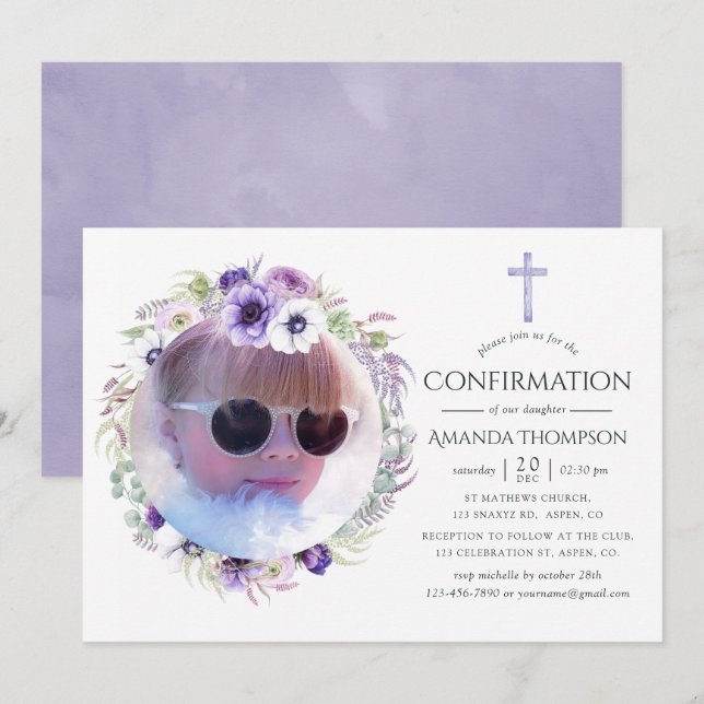 Invitación Confirmación floral violeta polvorienta (Anverso / Reverso)