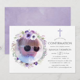 Invitación Confirmación floral violeta polvorienta
