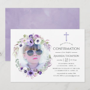 Invitación Confirmación floral violeta polvorienta