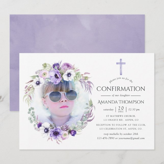 Invitación Confirmación floral violeta polvorienta (Anverso / Reverso)