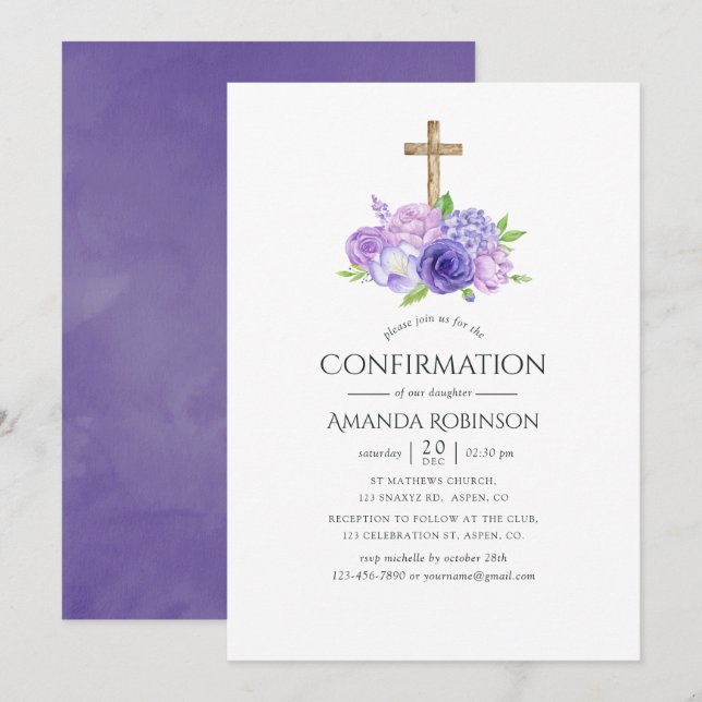 Invitación Confirmación floral violeta ultra (Anverso / Reverso)