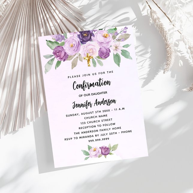 Invitación Confirmación flores violetas vegetación cruz lujo (Subido por el creador)