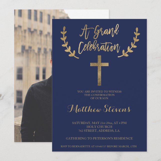 Invitación Confirmación fotográfica de tipografía azul marino (Anverso / Reverso)