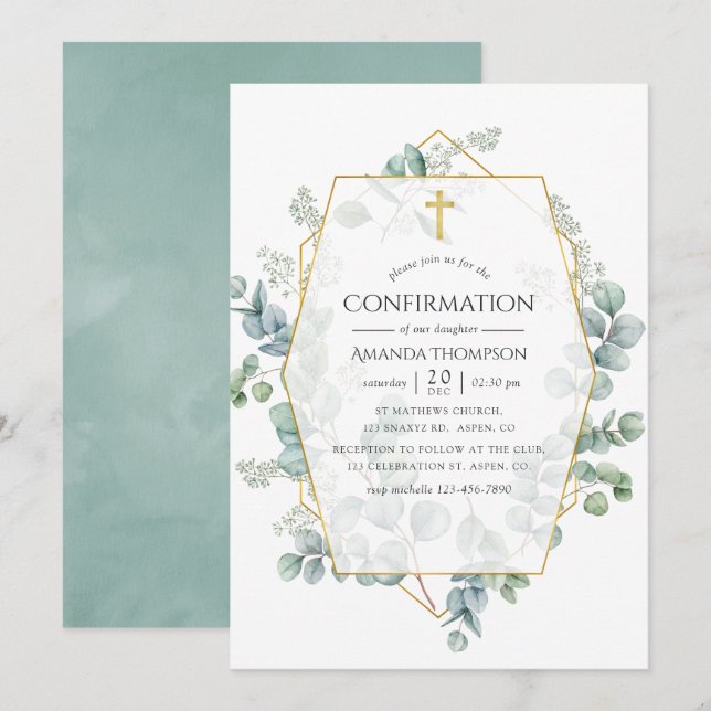 Invitación Confirmación geométrica de eucalipto acuarela (Anverso / Reverso)