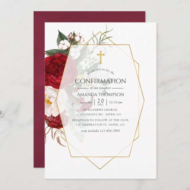 Invitación Confirmación geométrica de floral blanca y roja de (Anverso / Reverso)